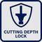 Egy tábla, amely egy zárszerkezet szimbólumát és a 'CUTTING DEPTH LOCK' feliratot tartalmazza, amely a vágásmélység rögzítésének funkcióját mutatja.