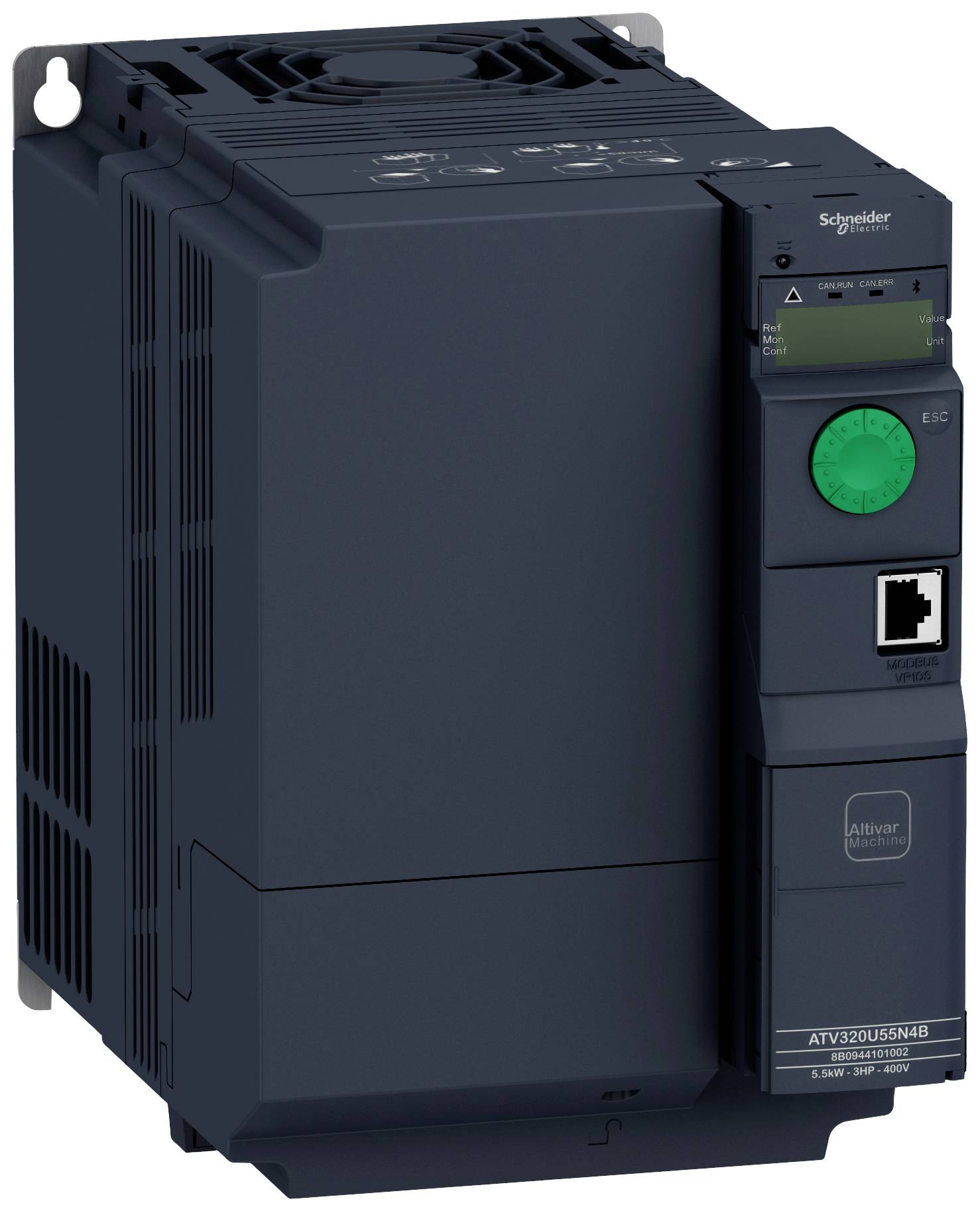 Egy Schneider Electric frekvenciaváltó zöld kezelőfelülettel és Ethernet-porttal, ATV320U55N4B típusú, 1,5-7,5 kW teljesítménytartományban.
