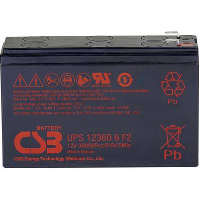 Ólomakku 12 V 7 Ah (AGM) 151 x 99 x 51 mm, CSB Battery UPS123606F1F2