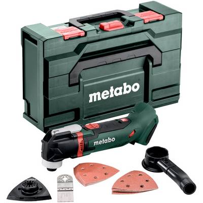 Metabo vezeték nélküli rezgő multi-tool készlet hordtáskával, akkumulátorral, csiszolólapokkal és kiegészítőkkel fehér háttéren.