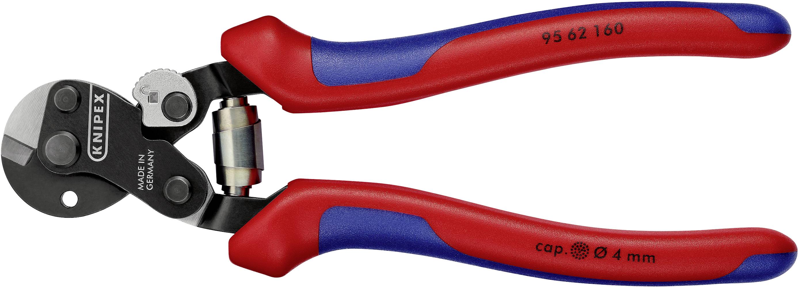 Egy piros és kék Knipex kábelolló, amely akár 4 mm átmérőjű kábelek vágására alkalmas.