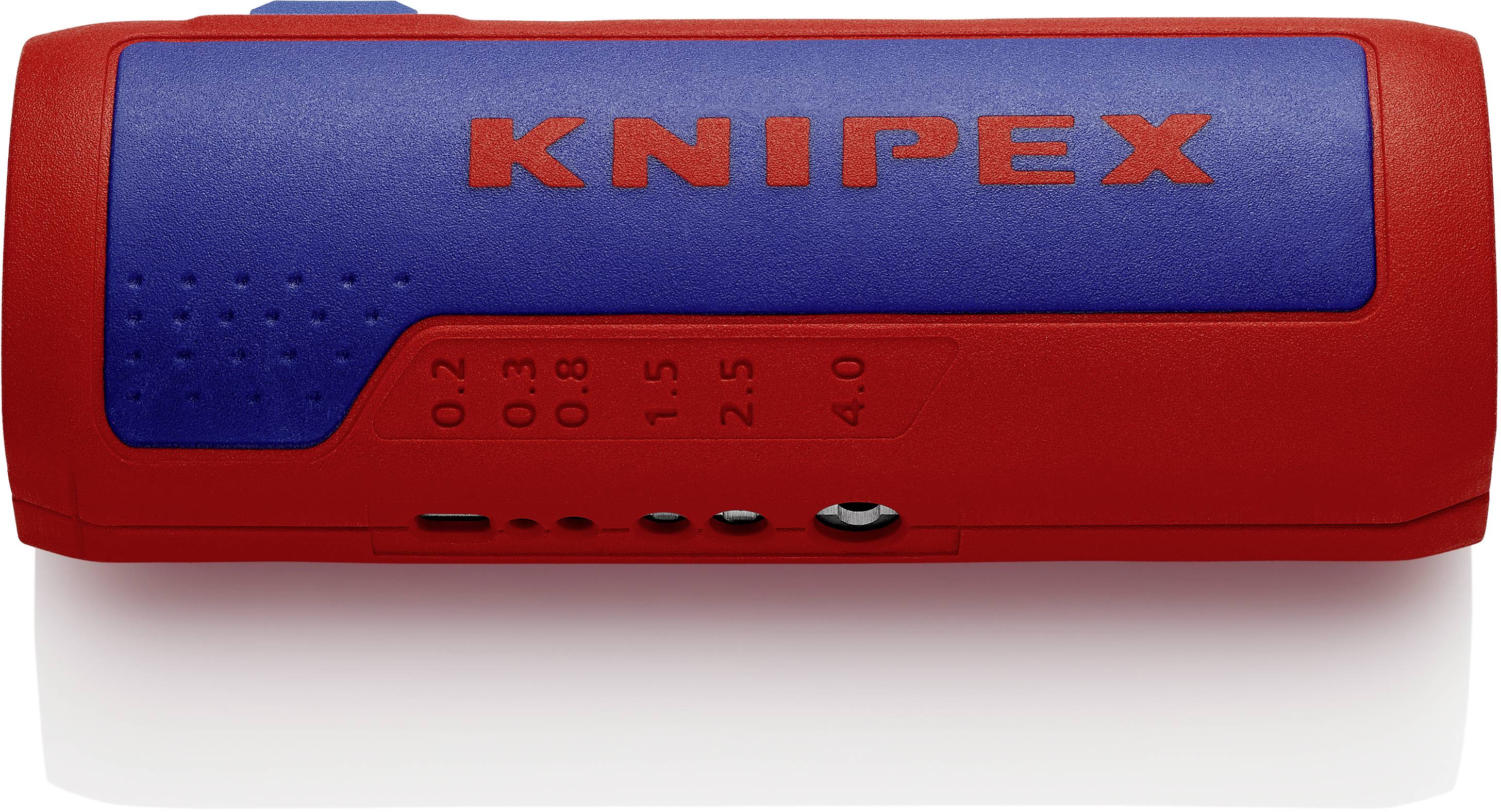 Egy piros és kék Knipex eszköz, valószínűleg egy kábelcsupaszító, amelynek felületén 0,2-től 4,0-ig terjedő skála látható.