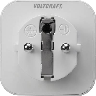 Fehér konnektoraljzat két kerek fémcsappal és egy földelési érintkezővel. Felül a 'Voltcraft' felirat olvasható.