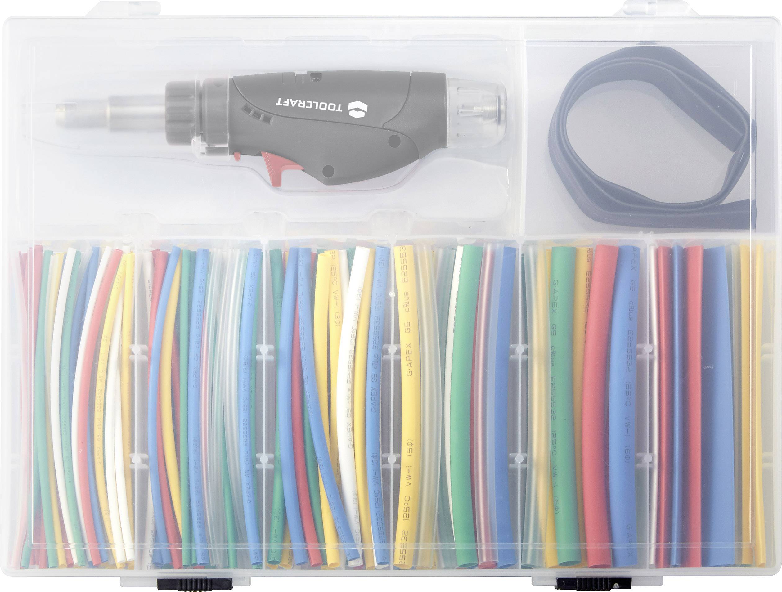 Egy elektromos szerszámkészlet többszínű kábelcsövekkel egy átlátszó műanyag tartóban.