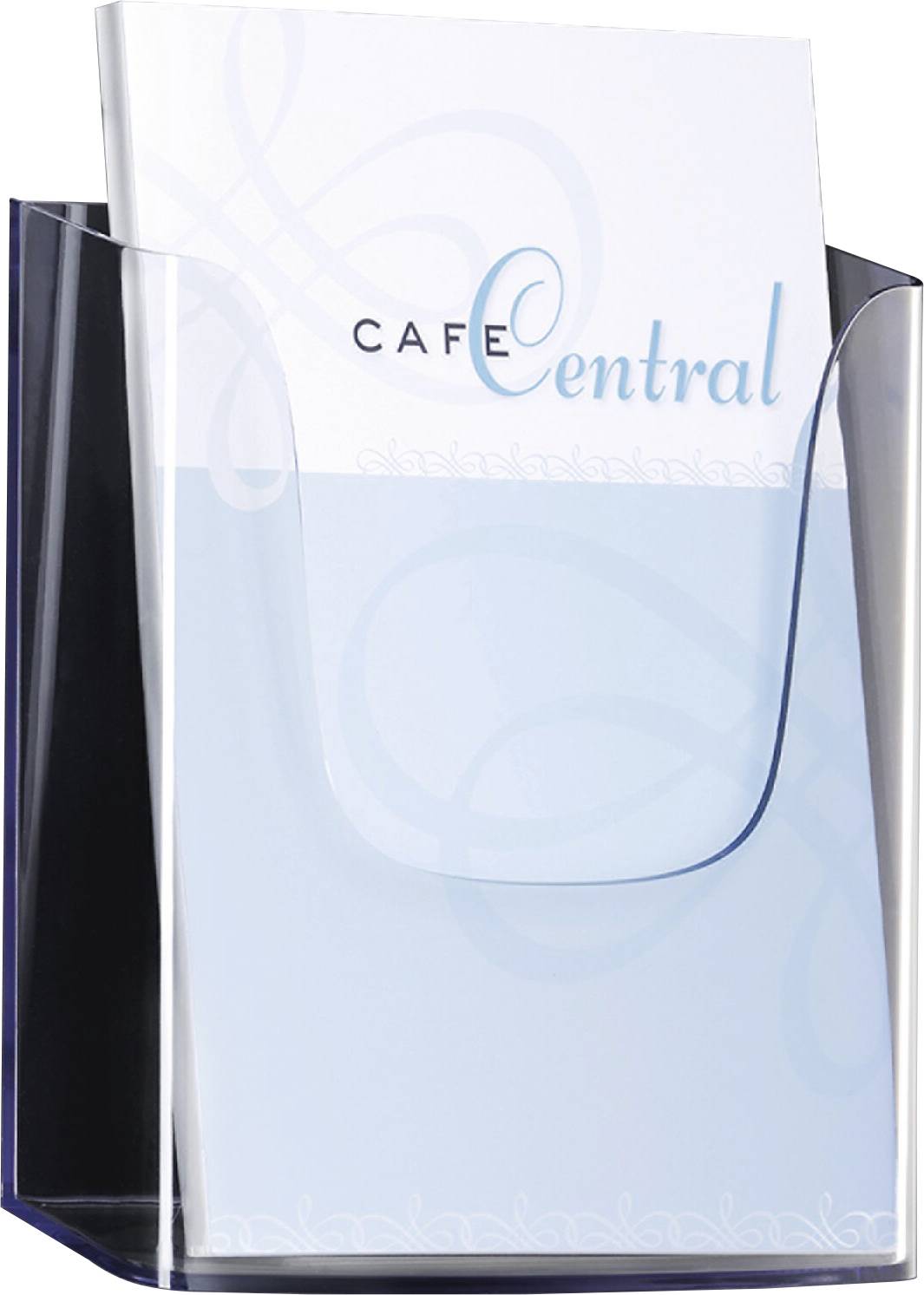 Tiszta akrilból készült asztali brókiurataartó egy Cafe Central felirat betéttel.