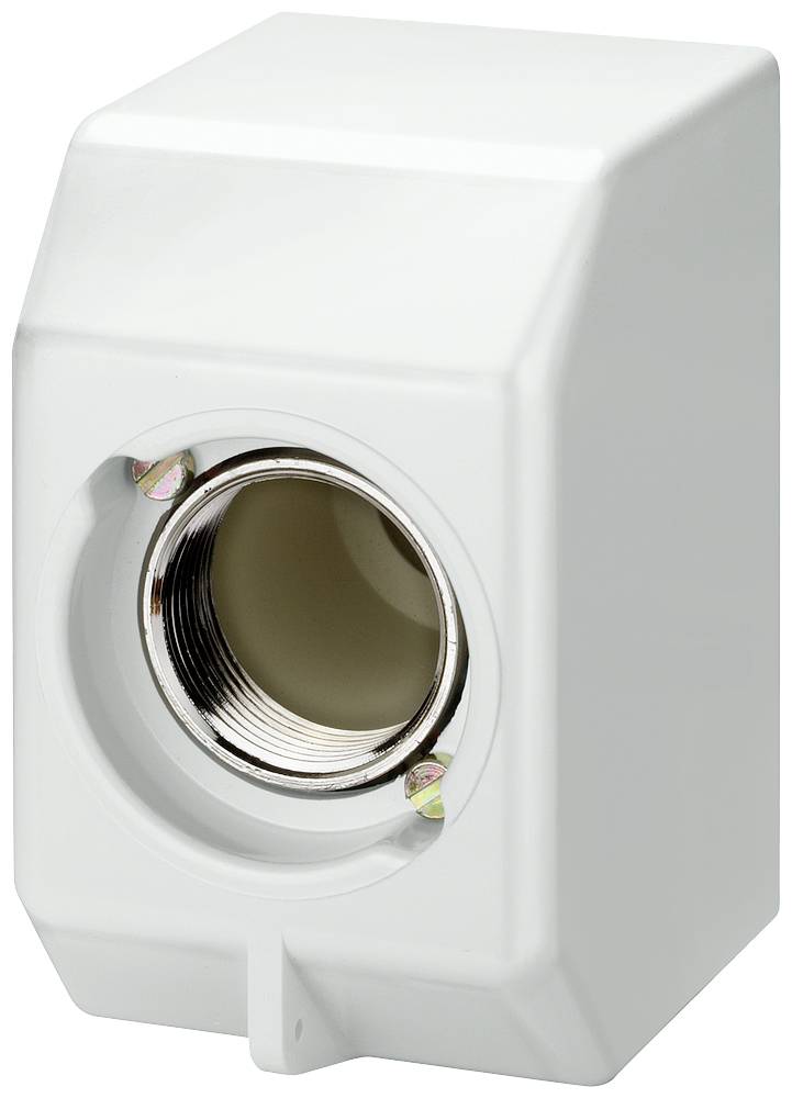 Fehér doboz kerek fémcsatlakozóval, amely valószínűleg csővezetékekhez vagy elektromos szerelésekhez alkalmazható.