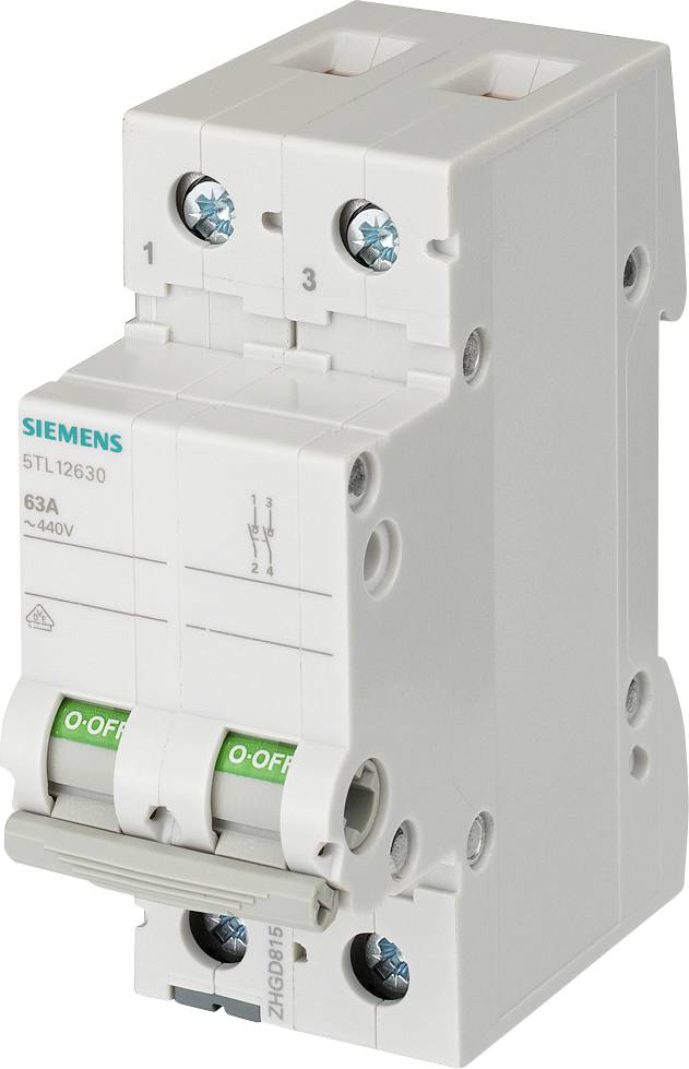 Egy fehér Siemens teljesítménymegszakító két kapcsolóval és zöld "O-KI" jelölésekkel, 63A/440V-os alkalmazásra.