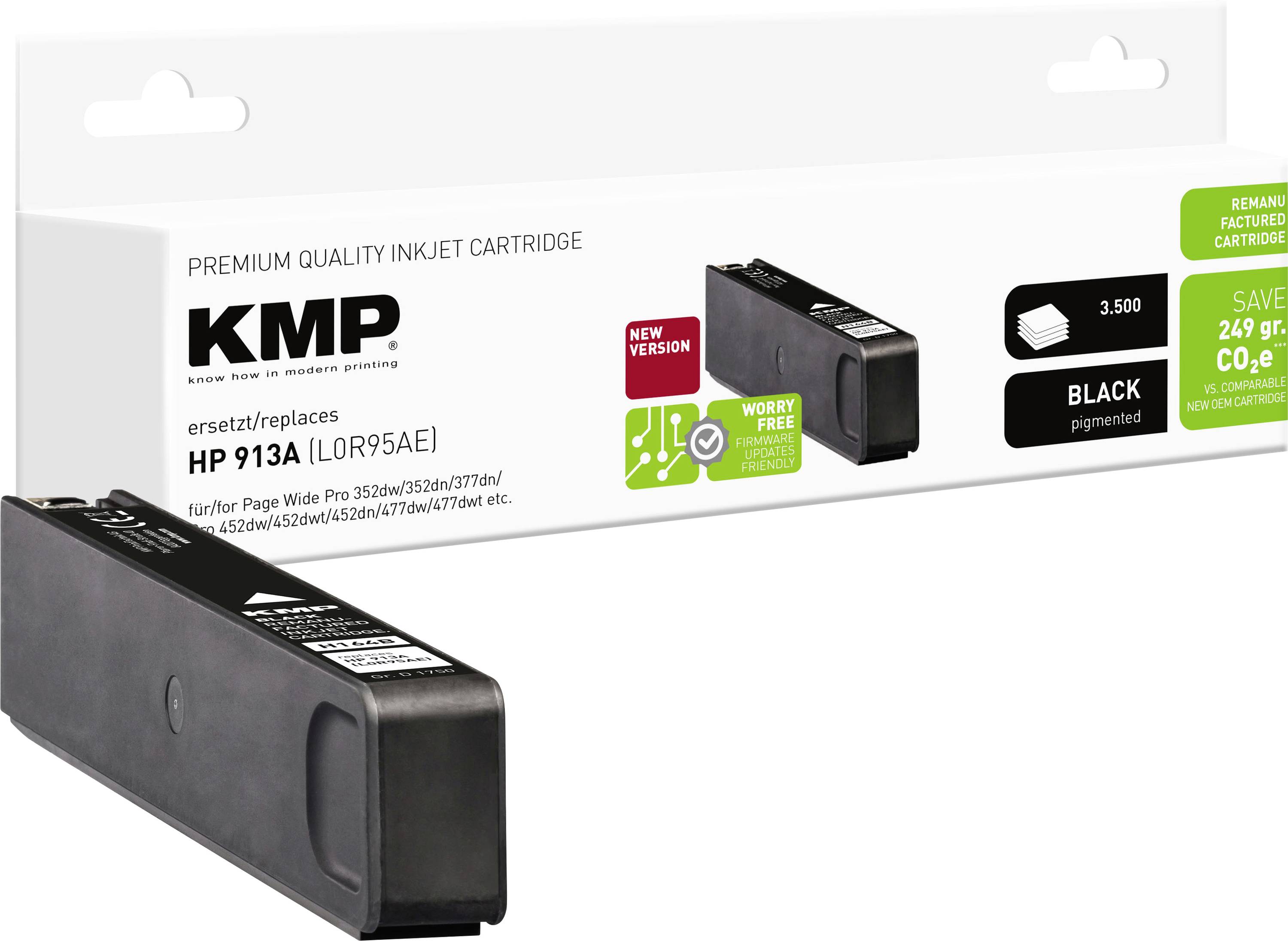 KMP prémium minőségű fekete tintapatron csomagolás HP 913A (L0R95AE) számára, nagy patrontartalom képpel és kompatibilitási/újrahasznosítási címkékkel.
