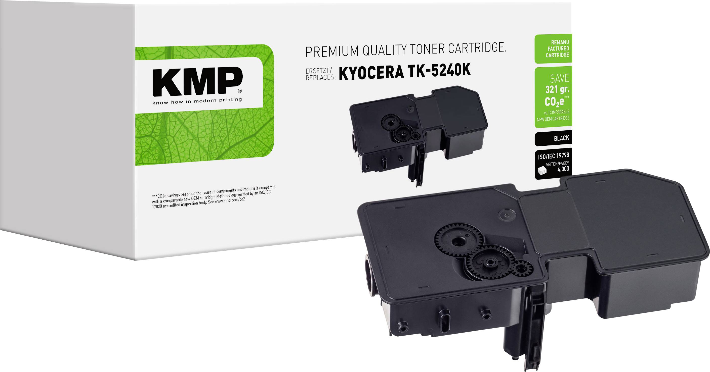 KMP prémium minőségű tonerkazetta a Kyocera TK-5240K-hoz, termékdobozzal és fekete kazettával fehér háttéren.