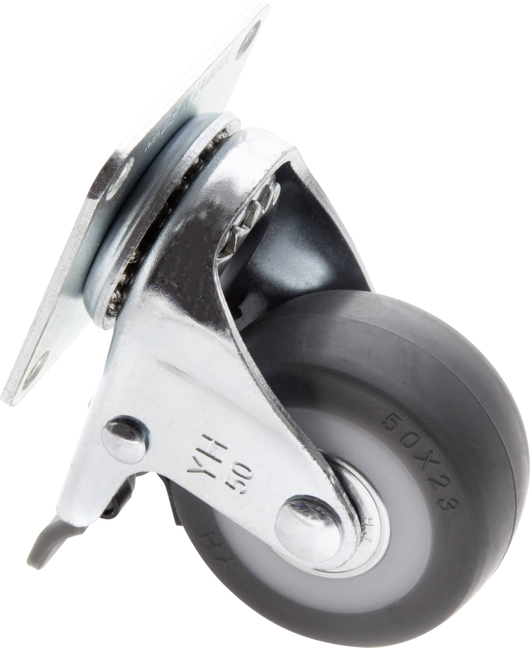 Fémből készült kormánykerék fekete gumival, alkalmas bútorlábakhoz vagy gurulós kocsikhoz, mutatja a szerelési részt és a tengelyes forgást.