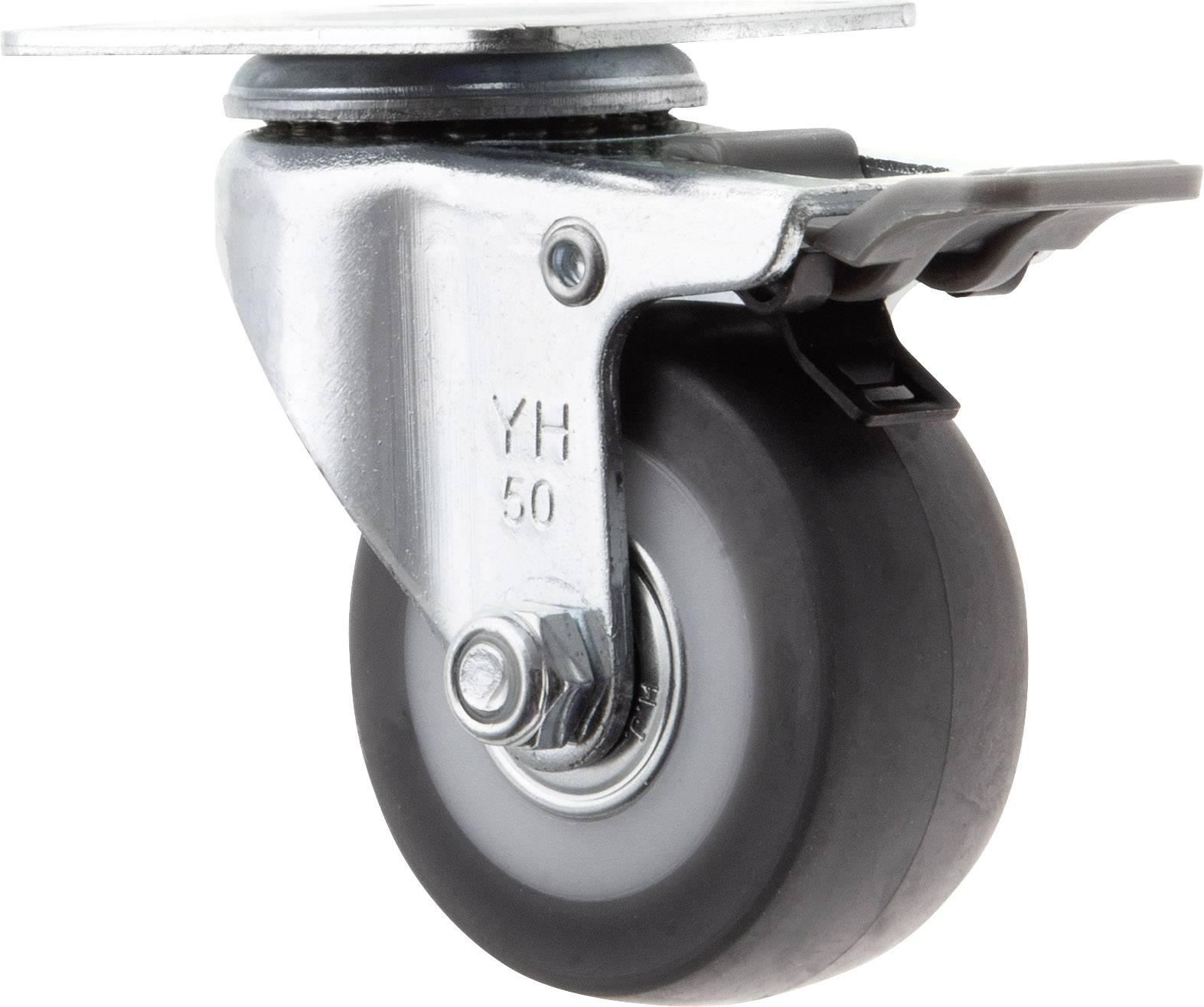 Egyedi, fémes és gumis forgó szállítási és kormányzó kerék. Alkalmas mozgatható lábú bútorokhoz vagy berendezésekhez.