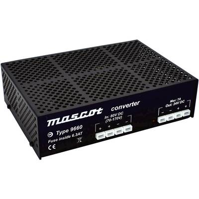 Fekete elektromos eszköz 'mascot converter Type 9660' felirattal. Bemenet: 80V DC, Kimenet: 24V DC, Max: 7A.