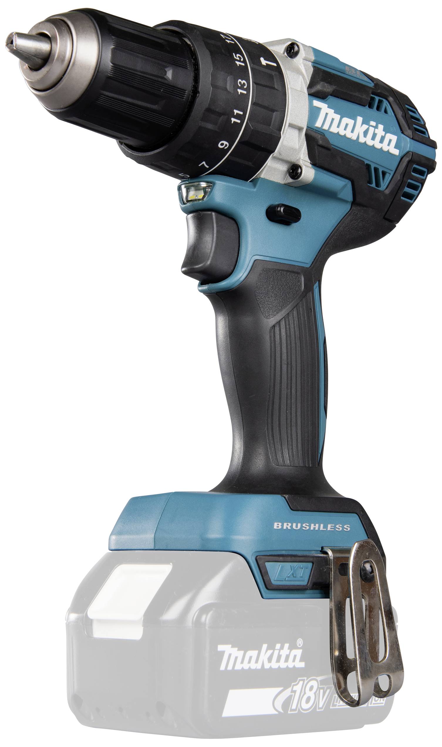 Egy kék akkumulátoros csavarozó fekete fogantyúval és 18V-os akkumulátorral, alkalmas barkács- és építőipari munkákhoz.