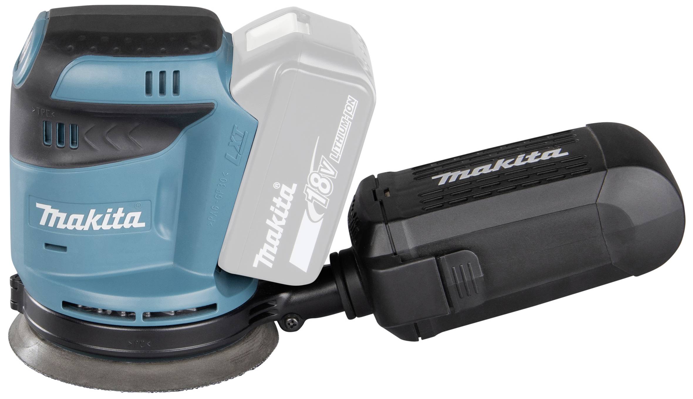 Makita akkumulátoros excentercsiszoló, kék-fekete, szürke akkumulátorral. A készülék ergonomikus kialakítású és felületmegmunkálásra szolgál.