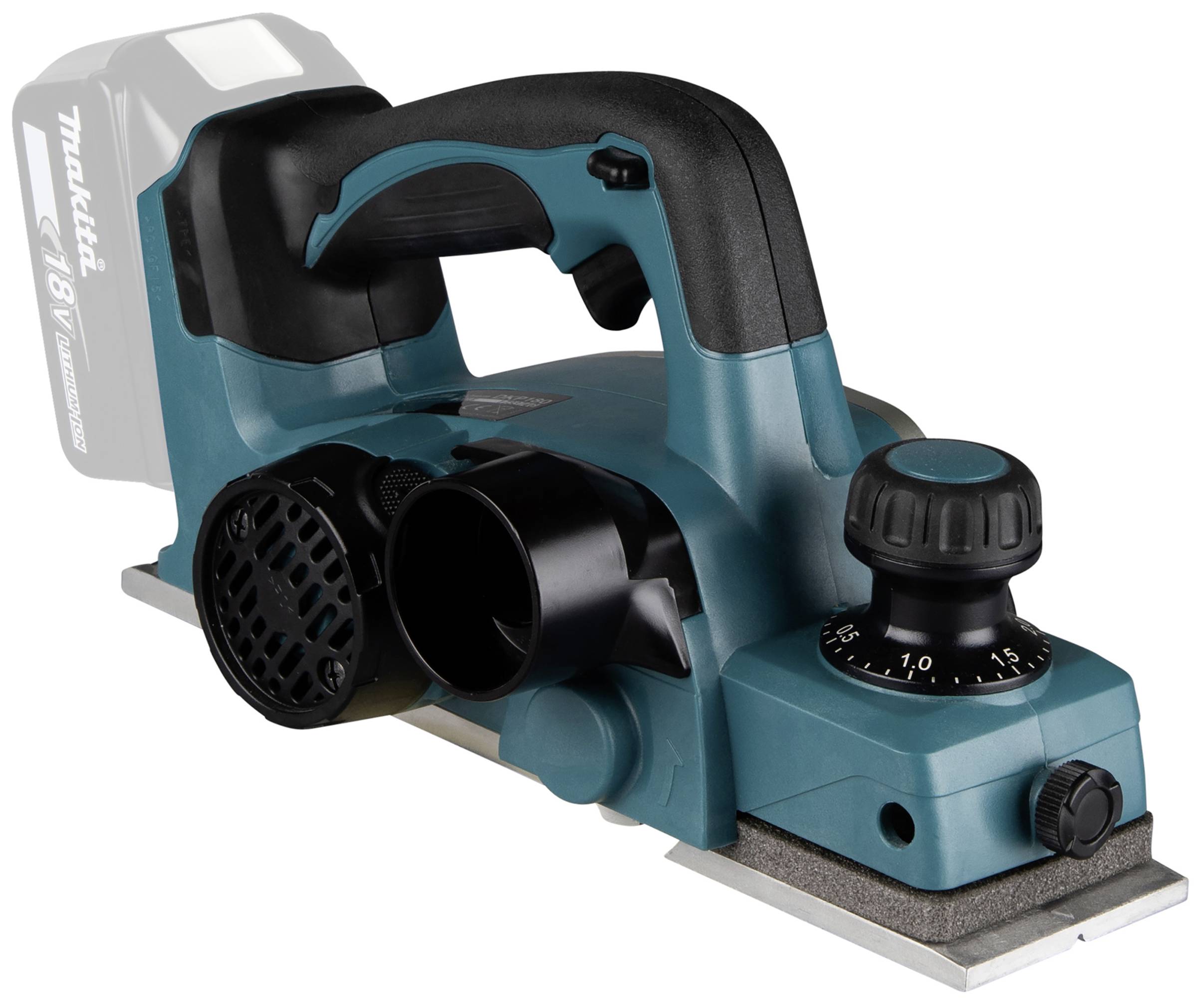 Egy elektromos gyalu ergonomikus fogantyúval és mélységállító skálával. Kompatibilis egy 18V-os akkumulátorral.