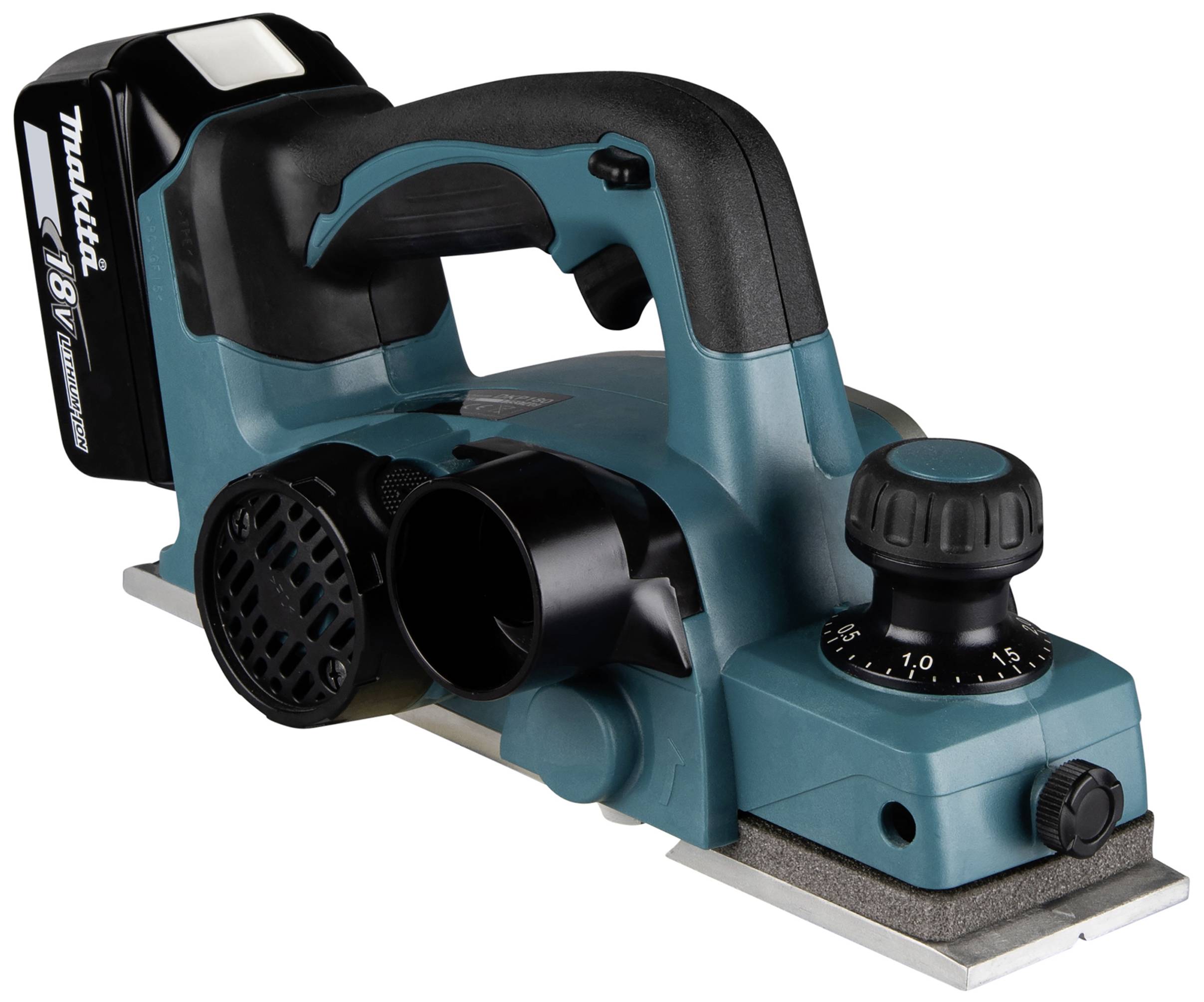 Egy vezeték nélküli, türkiz színű elektromos gyalu fekete markolattal és akkumulátorral, amely alkalmas fa felületek pontos simítására.