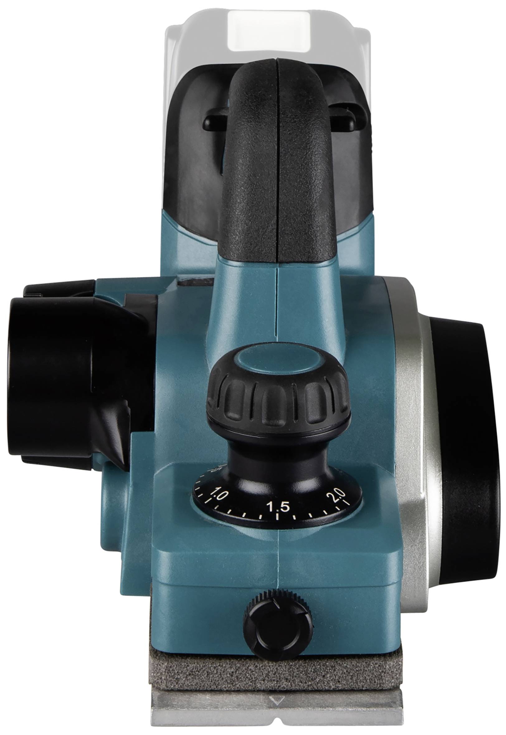 Kék elektromos kézi gyalu, fekete fogantyúval és mélységállító tárcsával, elölnézeti képen.