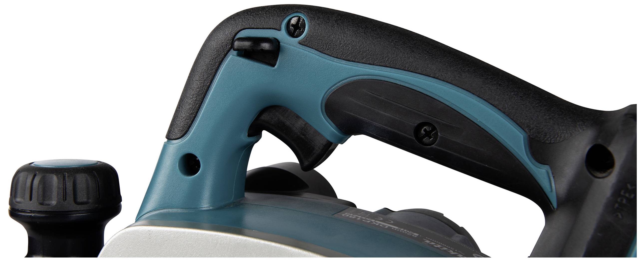 Egy elektromos kéziszerszám közeli felvétele, ergonomikus markolattal, stabil szerkezettel, kék és fekete színvilágban.