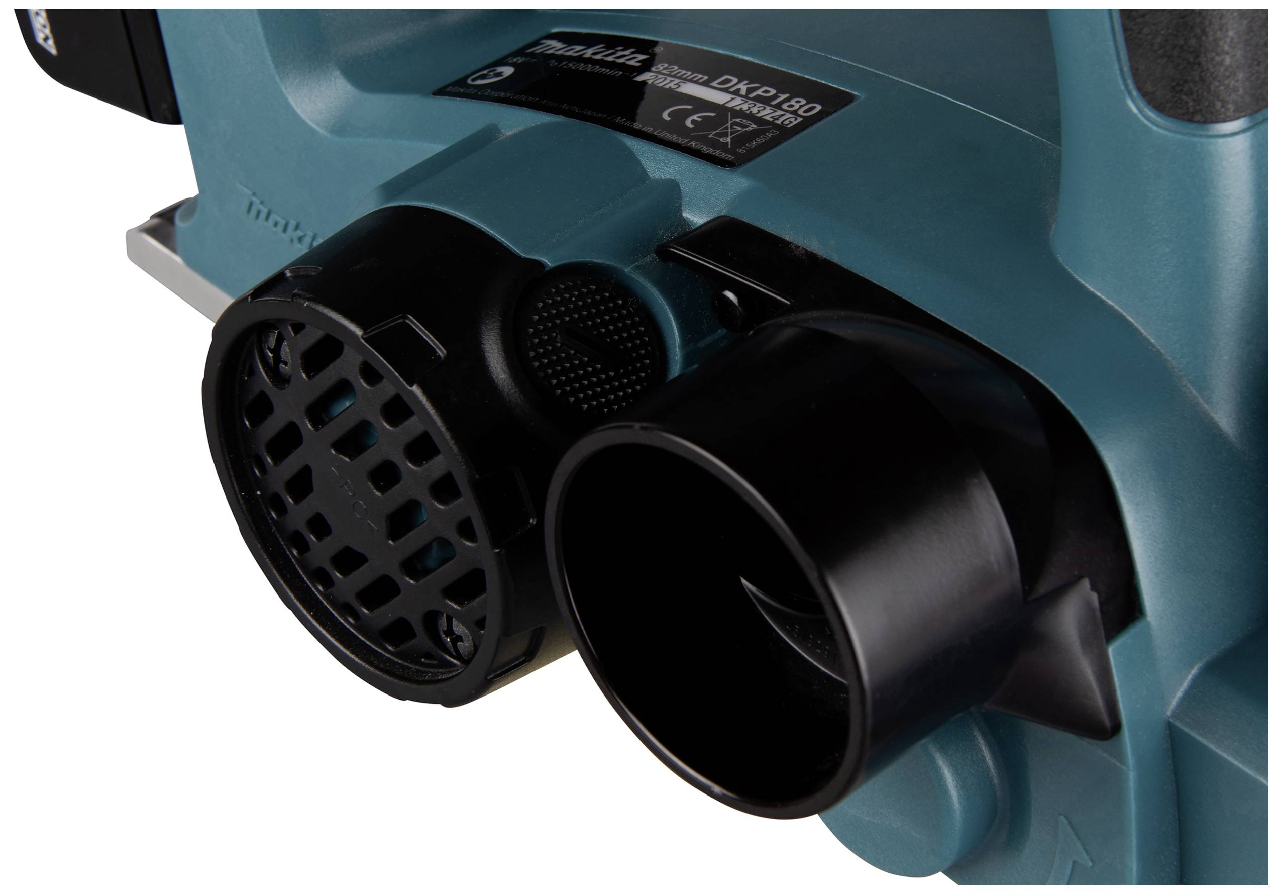 Kék elektromos szerszám részlete szellőzőnyílásokkal és fekete csatlakozókkal, bemutatva a szerkezet részleteit.