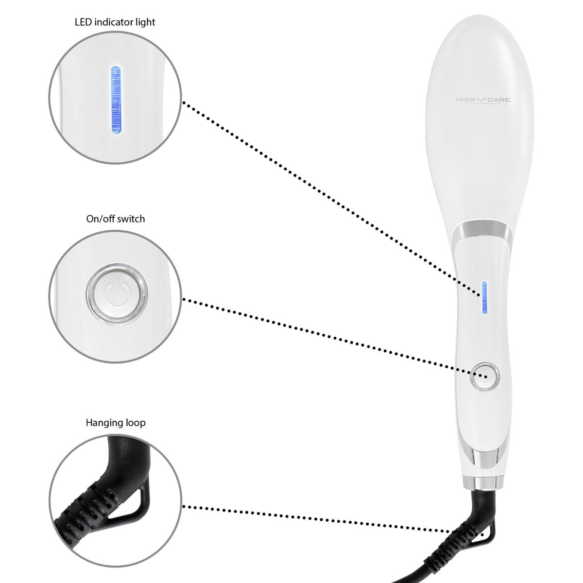 Kézi gőztisztító be-/kikapcsoló gombbal, LED-kijelzővel és akasztófüllel. Fehér színben, ergonomikus kialakítással. Tökéletes háztartási takarításhoz.