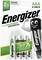 'AAA 4 darabos' Energizer akkumulátor, előtöltött, 500 mAh, 7% újrahasznosított anyagból. Egy maszkszerű akkumulátor képe.