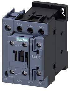 Egy Siemens gyártmányú elektromos kontaktor, 3RT1046-os modellszámmal. Motorvezérlésre használatos vezérlőszekrényekben.
