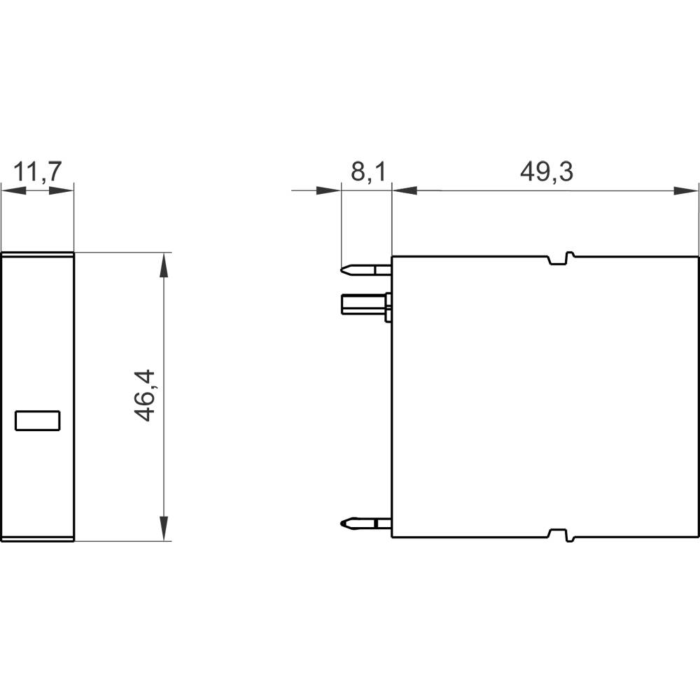 Műszaki rajz egy téglalap alakú alkatrészről a következő méretekkel: 46,4 mm magas, 11,7 mm széles, 49,3 mm hosszú. Oldal- és elölnézet.