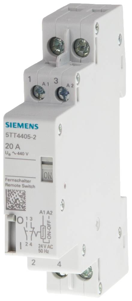 Egy 5TT4405-2 típusú Siemens elektromos távirányítású kapcsoló, 20 A és legfeljebb 400 V teljesítményre. Tartalmaz 'BE' állapotjelzőt.