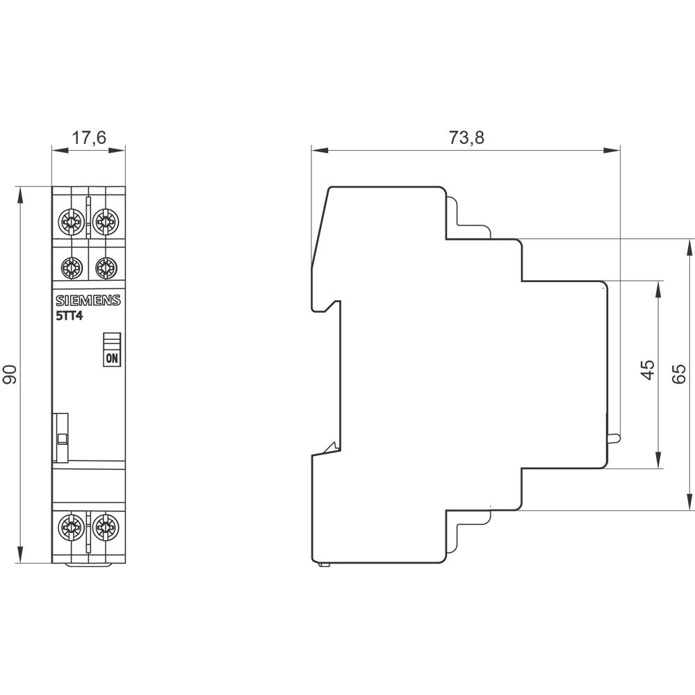 Elektronikai alkatrész műszaki rajza méretmegadással: magasság 90 mm, szélesség 17,6 mm és 73,8 mm, mélység 65 mm.