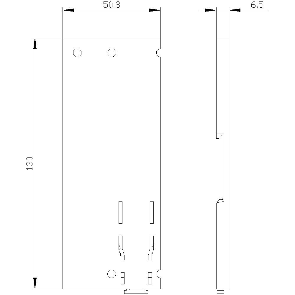 Műszaki rajz egy téglalap alakú fémlemezről a következő méretekkel: 130 mm magasság, 50,8 mm szélesség és 6,5 mm vastagság, furathelyekkel.