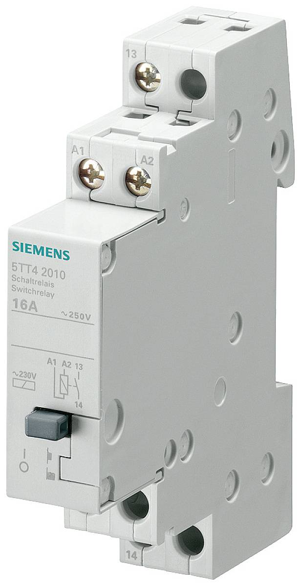 Egy szürke Siemens kapcsolórelé, 5TT4 2010-es modell, 16A és 250V teljesítménnyel, DIN-sínre szerelve, csatlakozókkal a felső oldalán.