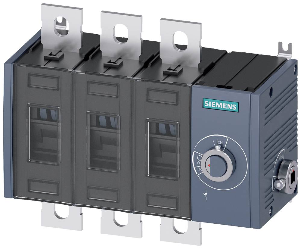 Egy Siemens gyártmányú elektromos kapcsoló négy fekete karral és ezüstös csatlakozóérintkezőkkel.
