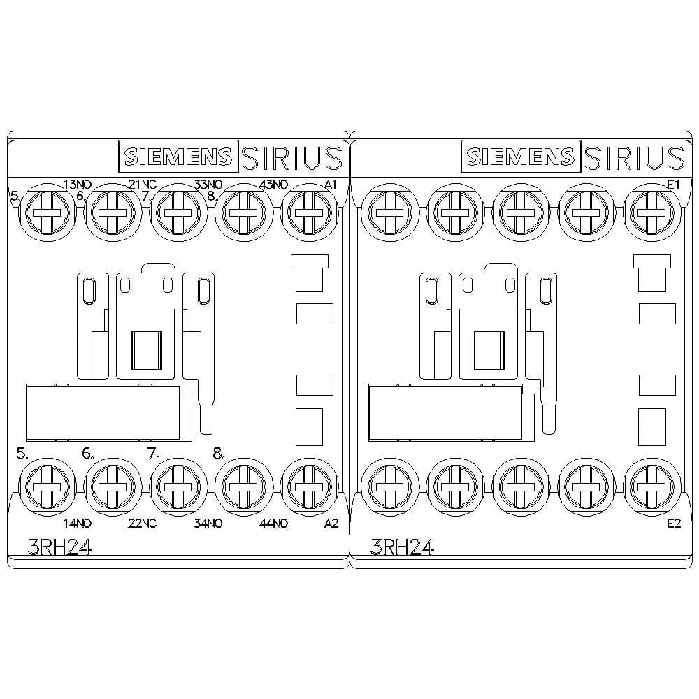 Két Siemens SIRIUS relé modul, 3RH24 típusú, kapcsolási rajza számozott csatlakozókapcsokkal, amelyek az elektromos kapcsolatokat és érintkezőket mutatják.
