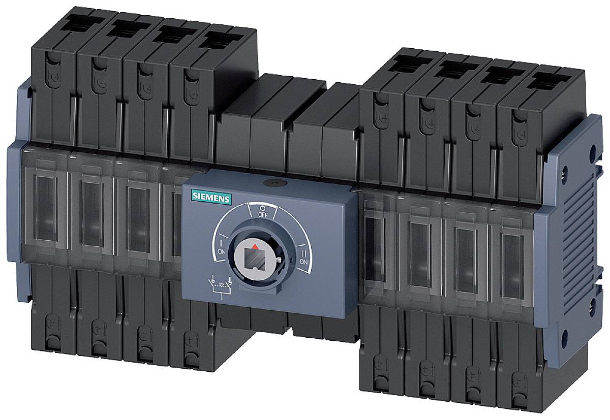 Egy Siemens gyártmányú elektromos terheléskapcsoló, amely kapcsolószekrényekben történő áramforrás-átkapcsolásra alkalmas.