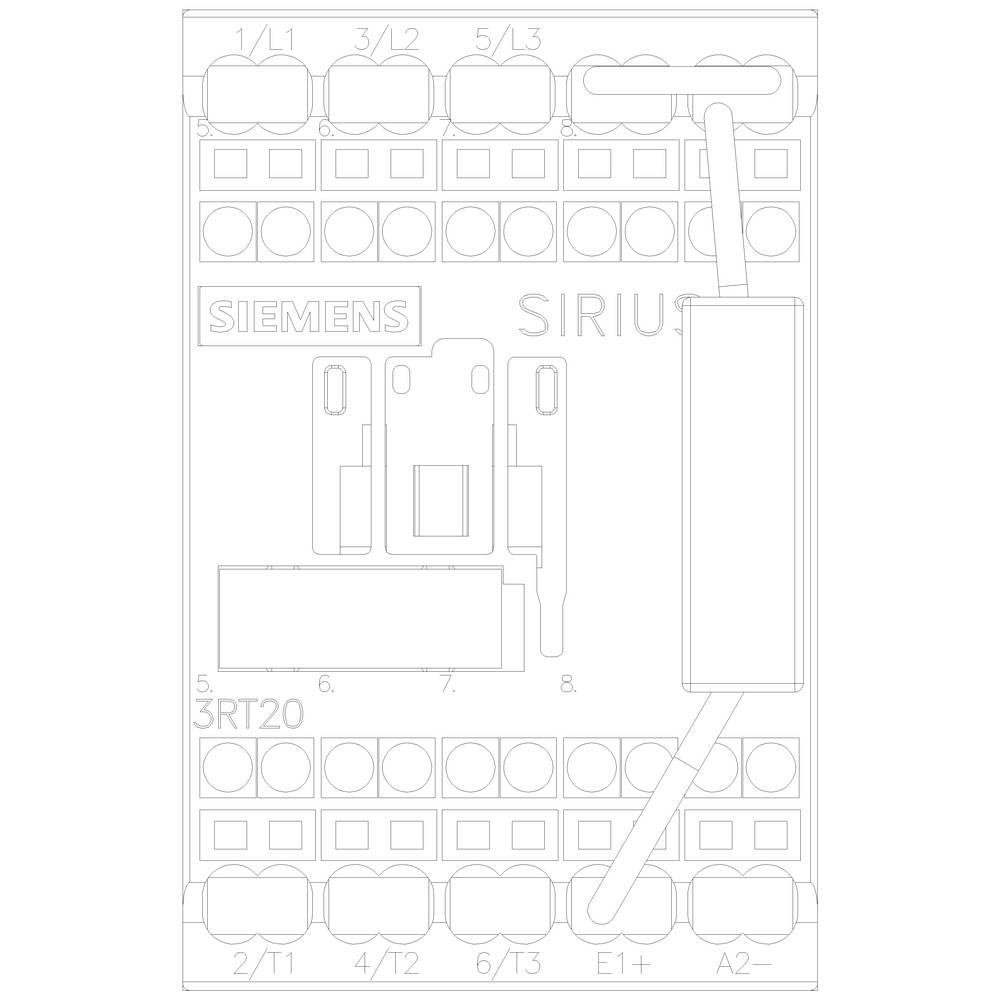 'Egy Siemens SIRIUS kapcsolószekrény diagramja, kapocscímkézéssel, kapcsolási és csatlakozási részletekkel. A 3RT20 modell bemutatása.'