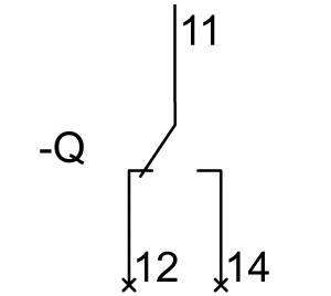 Kapcsolási szimbólum: Egypólusú átkapcsoló. Felső csatlakozás: '11', alsó bal oldal: '12', alsó jobb oldal: '14'. Kapcsoló alaphelyzetben.
