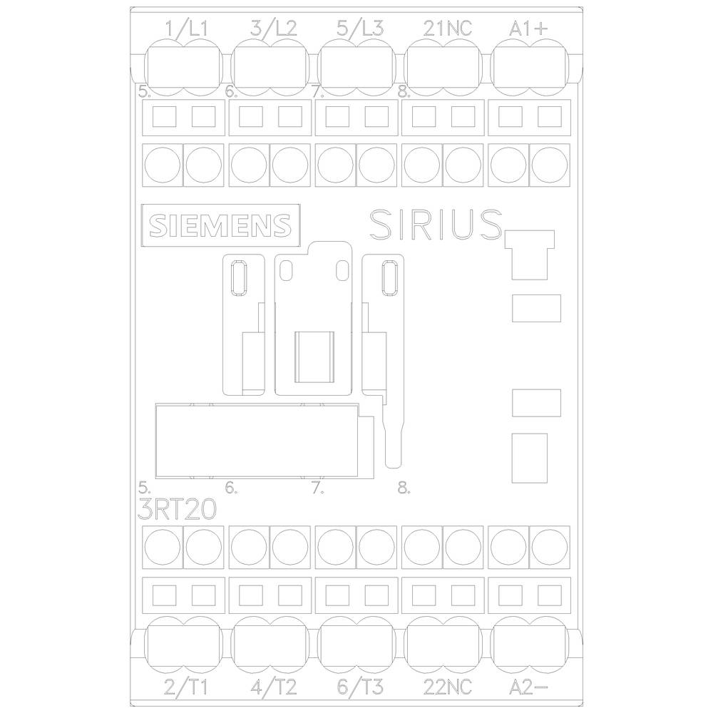 Egy Siemens SIRIUS kontaktor kapcsolási rajza. Felül feliratok: 1L1, 3L2, 5L3, 21NC, A1+. Alul: 2T1, 4T2, 6T3, 22NC, A2-.