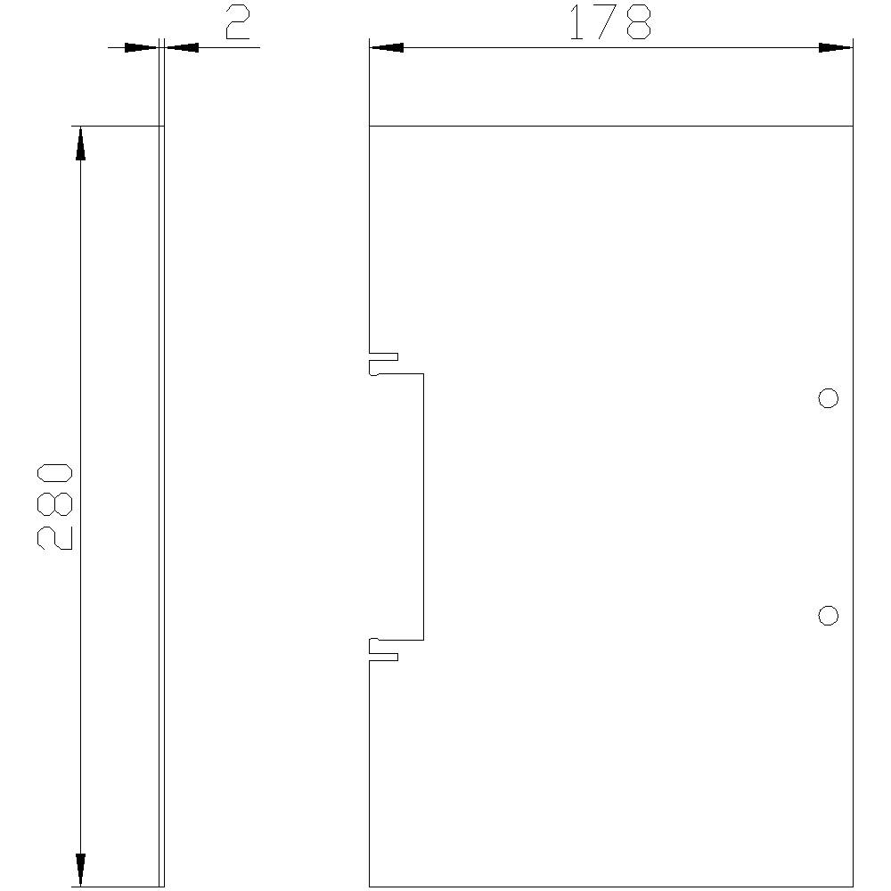 Műszaki rajz egy téglalap alakú tervezetről, amelynek méretei: 280 mm magas, 178 mm széles és 2 mm mély. Hornyokat és lyukakat tartalmaz.