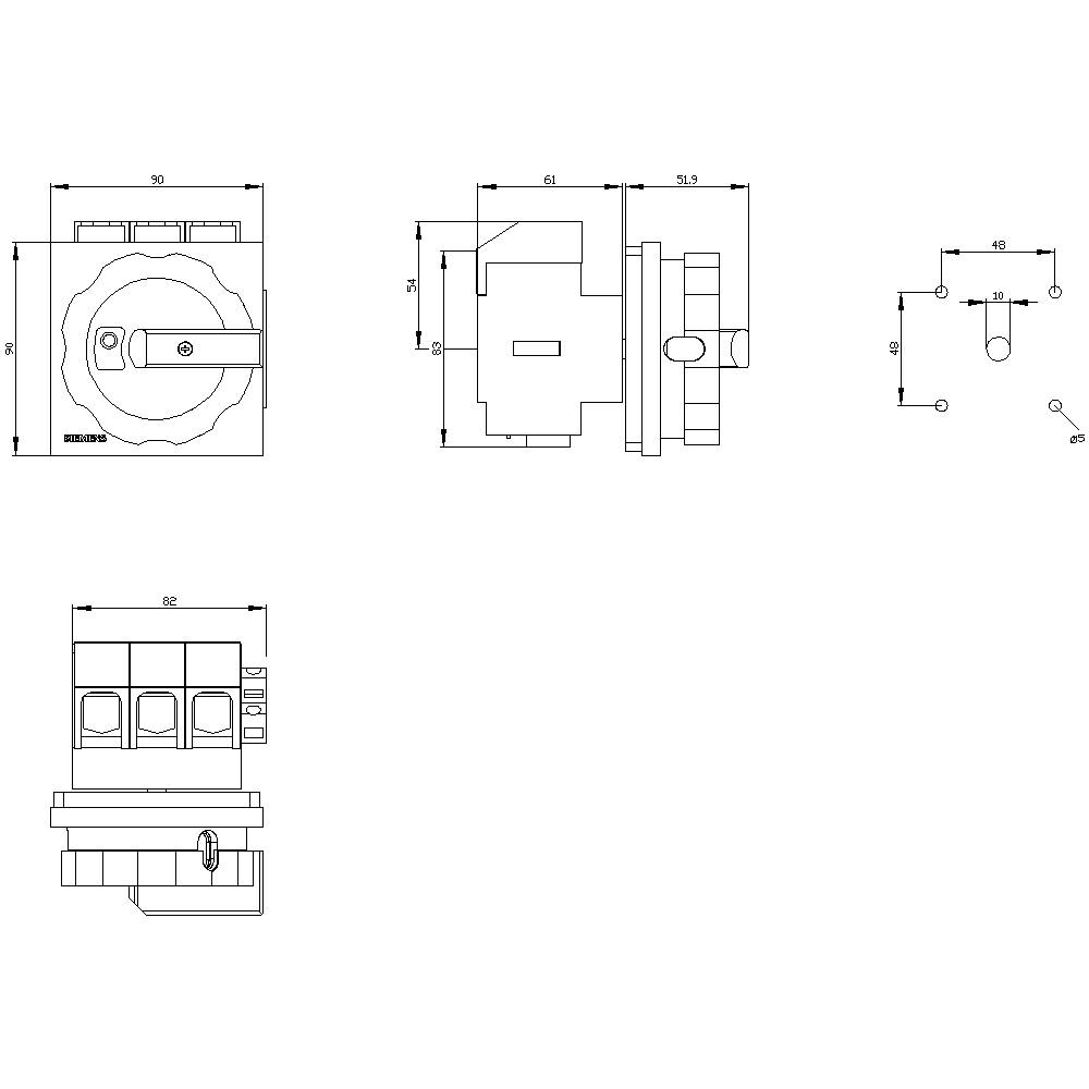 Műszaki rajz egy kapcsolóról három nézetben, pontos méretmegadásokkal milliméterben. Bemutatja a forgómechanizmust és a rögzítési pontokat.