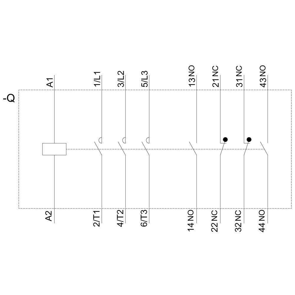 'Schütz kapcsolási rajz: A1, A2 csatlakozók; Bemenetek 1L1, 3L2, 5L3; Kimenetek 2T1, 4T2, 6T3. Kimenetek 13/14 NO és 22/32/42 NC.'