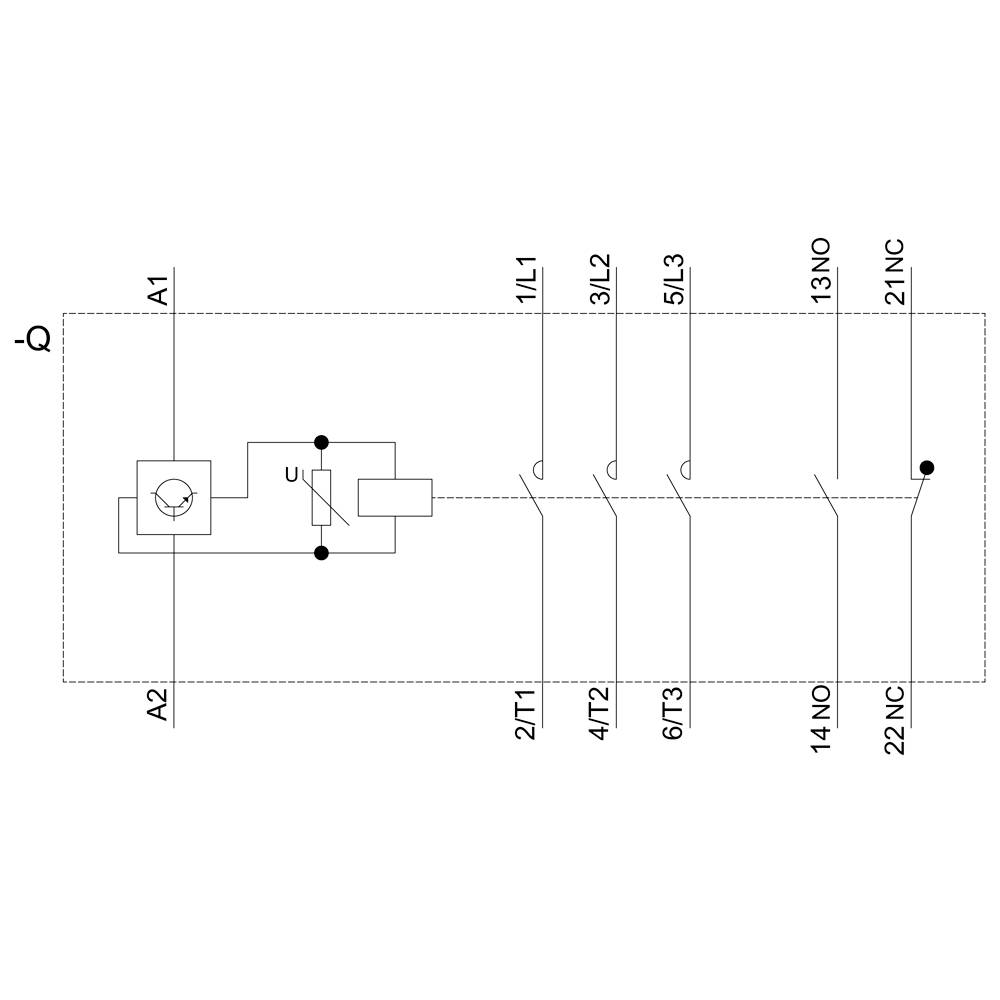 "Egy elektromos motor kapcsolási rajza" egy tekercset (U) mutat A1 és A2 kontaktusokkal, amelyek hat kapcsolóval vannak összekötve: 1L1, 3L2, 5L3, 2TT, 4T2, 6T3, 13NO, 14NO, 21NC és 22NC.