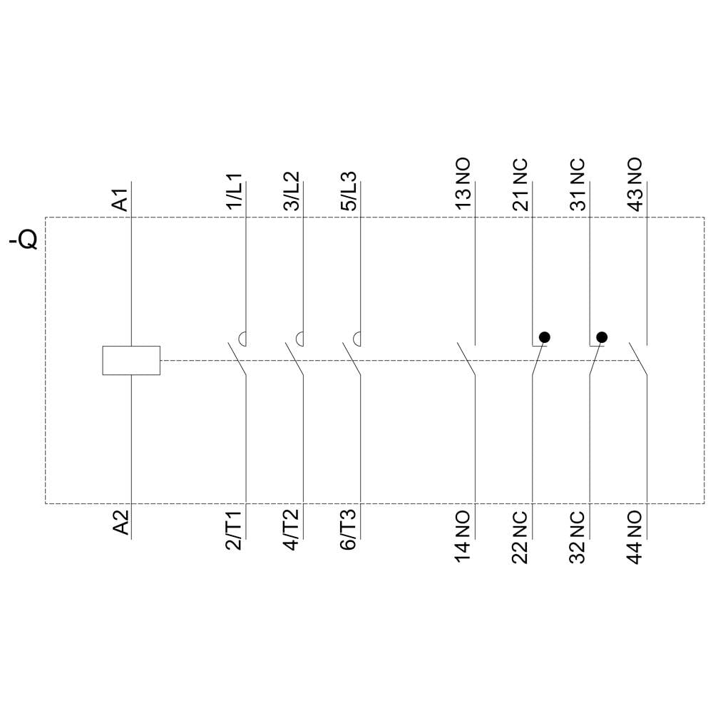 Egy elektromos áramkör kapcsolási rajza A1, A2, 1L1, 3L2, 5L3, 2T1, 4T2, 6T3 csatlakozókkal és 13 NC, 14 NO, 21 NC, 22 NC, 31 NC, 32 NC, 43 NO, 44 NO érintkezőkkel.
