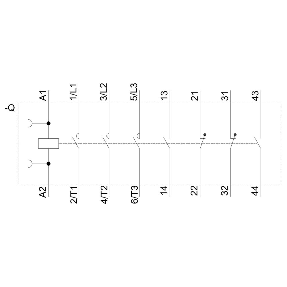 Egy kontaktor elektromos kapcsolási rajza az A1, A2, 1/L1, 3/L2, 5/L3, 2/T1, 4/T2, 6/T3 csatlakozókkal és több érintkezővel.