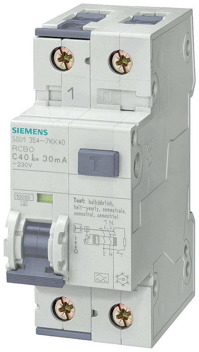 Kétpólusú Siemens védőkapcsoló 'C40 30mA' felirattal. Elektromos biztonságra használva, véd túlterhelés és rövidzárlat ellen.