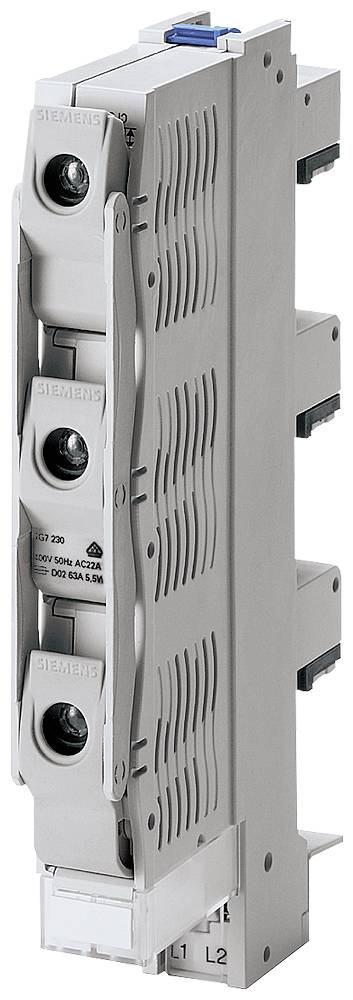 Szürke házba szerelt, három kerek biztosítóelemmel ellátott elektromos biztosítékkapcsoló, 'Siemens' felirattal. DIN-sínre történő szerelésre alkalmas.