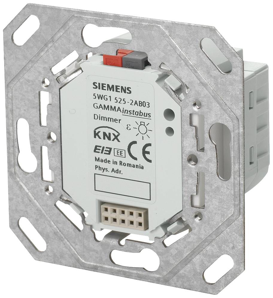 Egy Siemens KNX-dimmer, a(z) '5WG1 525-2AB03' modellszámmal, Romániában gyártva. A dimmer ezüst és szürke színű.