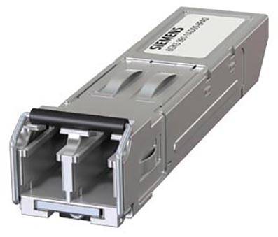 Egy ezüstszínű, négyszögletes és kompakt Siemens SFP-modul, hálózati kábelek csatlakoztatásához. Alkalmas gyors adatátvitelre hálózati rendszerekben.