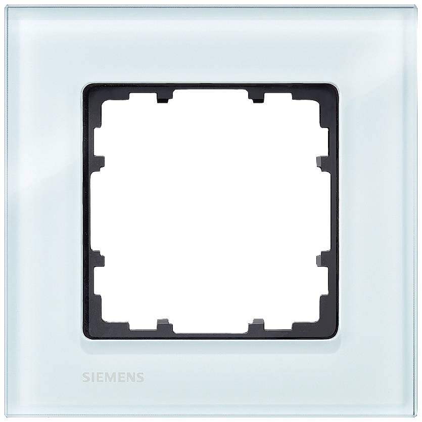 Egy üres Siemens villanykapcsoló keret üveg megjelenéssel, négyzet alakú, modern elektromos kapcsoló dizájnját mutatja.