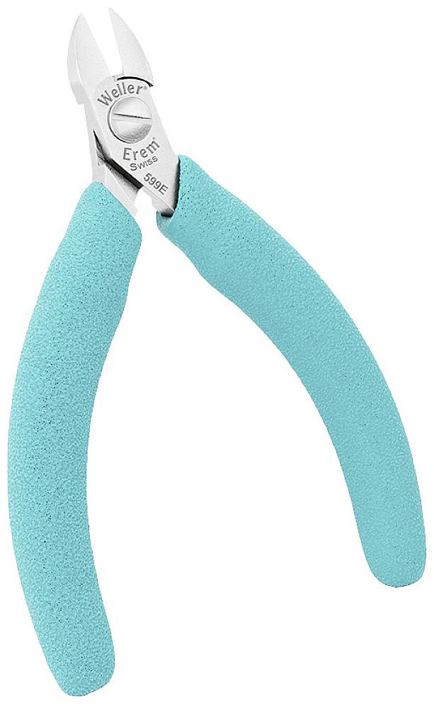 Egy kékeszöld drótcsípő fogó ergonomikus markolattal és fém hegyű csúccsal. Megjelölés: 'Weller Erem Series 500'.