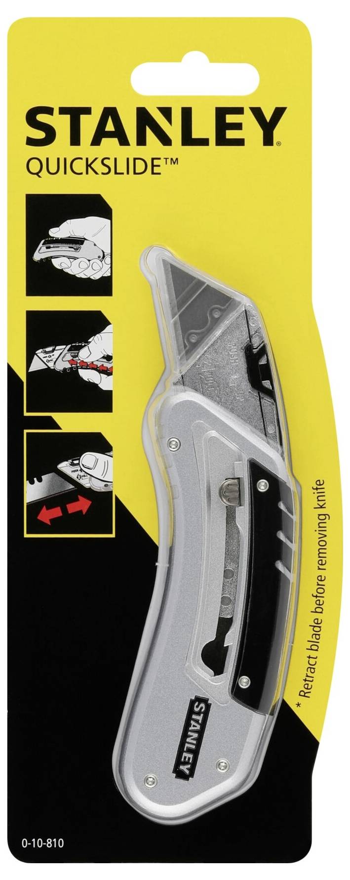 A STANLEY Quickslide kés csomagolása. Mutatja a behúzható pengét, ergonomikus kialakítást és a pengecserére vonatkozó utasításokat.